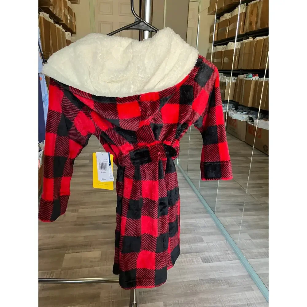 Fleece Long Sleeve Knee Length Robe, Color: Red Plaid Size XS(4/5)